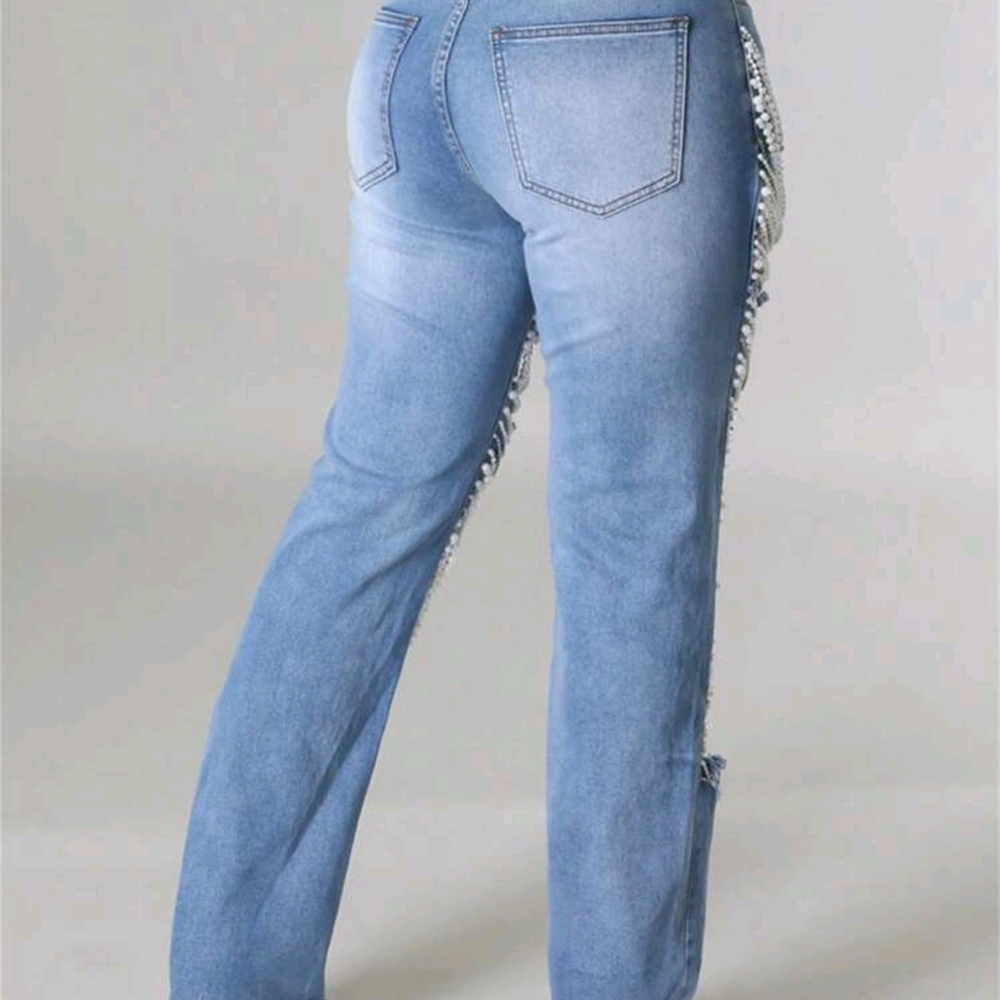 Women's Blue Embellished Jeans - Picture 4 of 8